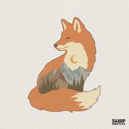Vintage sitting fox silhouette with a double-exposure mountain forest scene, moon, and pine trees in muted orange, blue, and green colors.