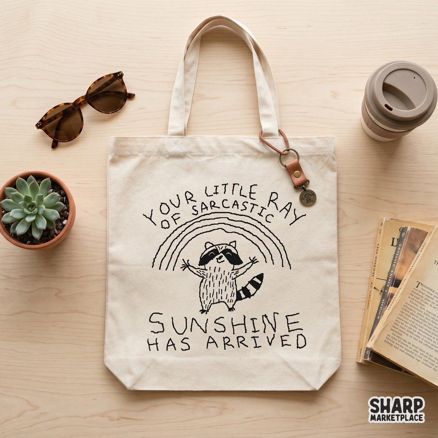 Monochrome digital design of a raccoon under a rainbow with funny sarcastic sunshine text for custom apparel and sublimation projects.
