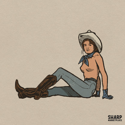 Retro pin up cowgirl sitting in boots digital PNG graphic for western apparel and rodeo shirt sublimation designs