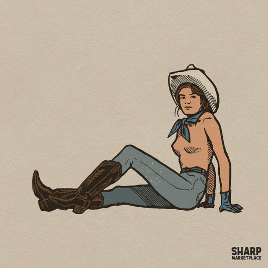 Retro pin up cowgirl sitting in boots digital PNG graphic for western apparel and rodeo shirt sublimation designs