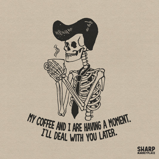 Funny skeleton drinking coffee sublimation design with sarcastic quote for retro halloween t-shirts and mugs