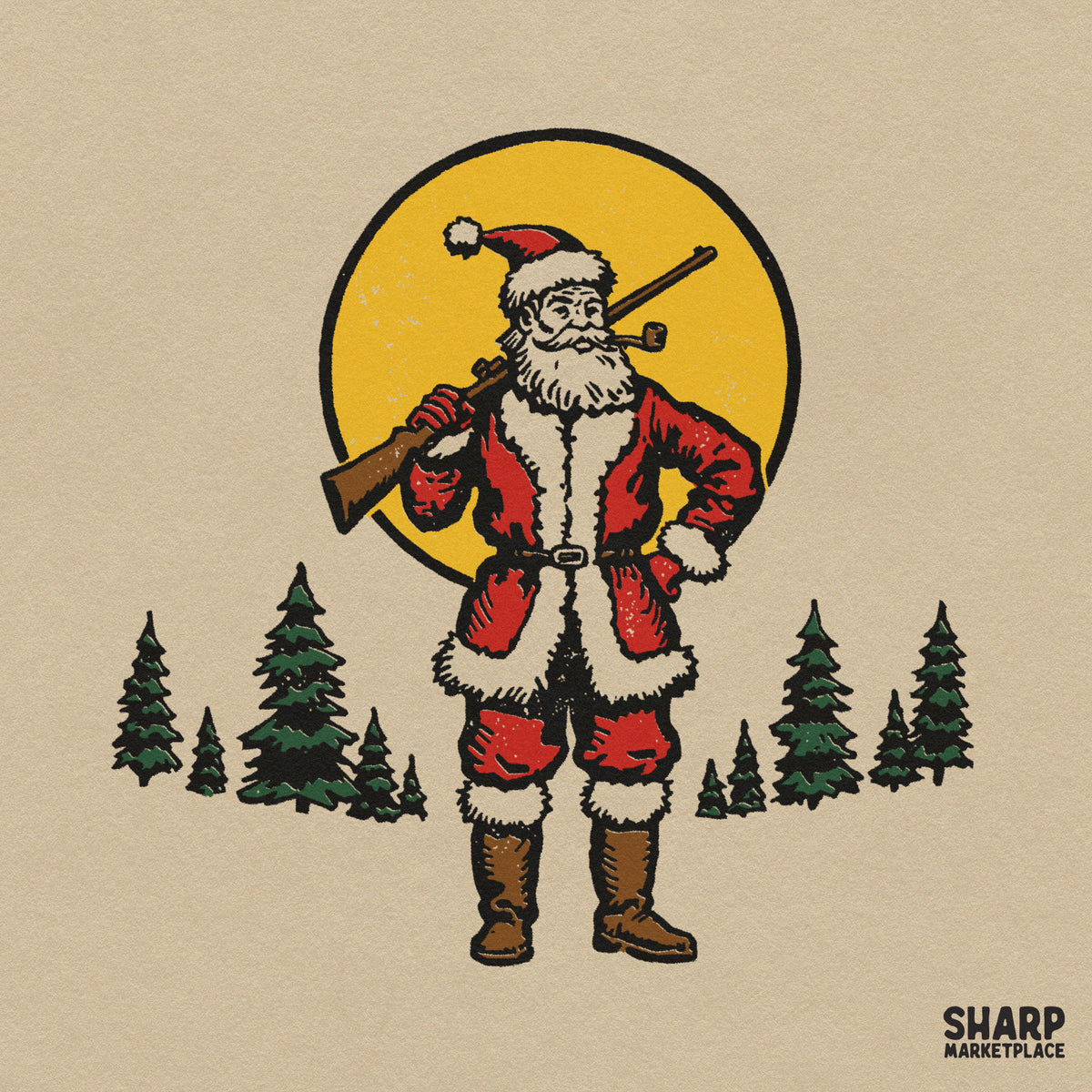 Retro Santa Claus hunting with a rifle in a pine forest, vintage holiday Christmas PNG shirt design