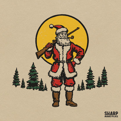 Retro Santa Claus hunting with a rifle in a pine forest, vintage holiday Christmas PNG shirt design