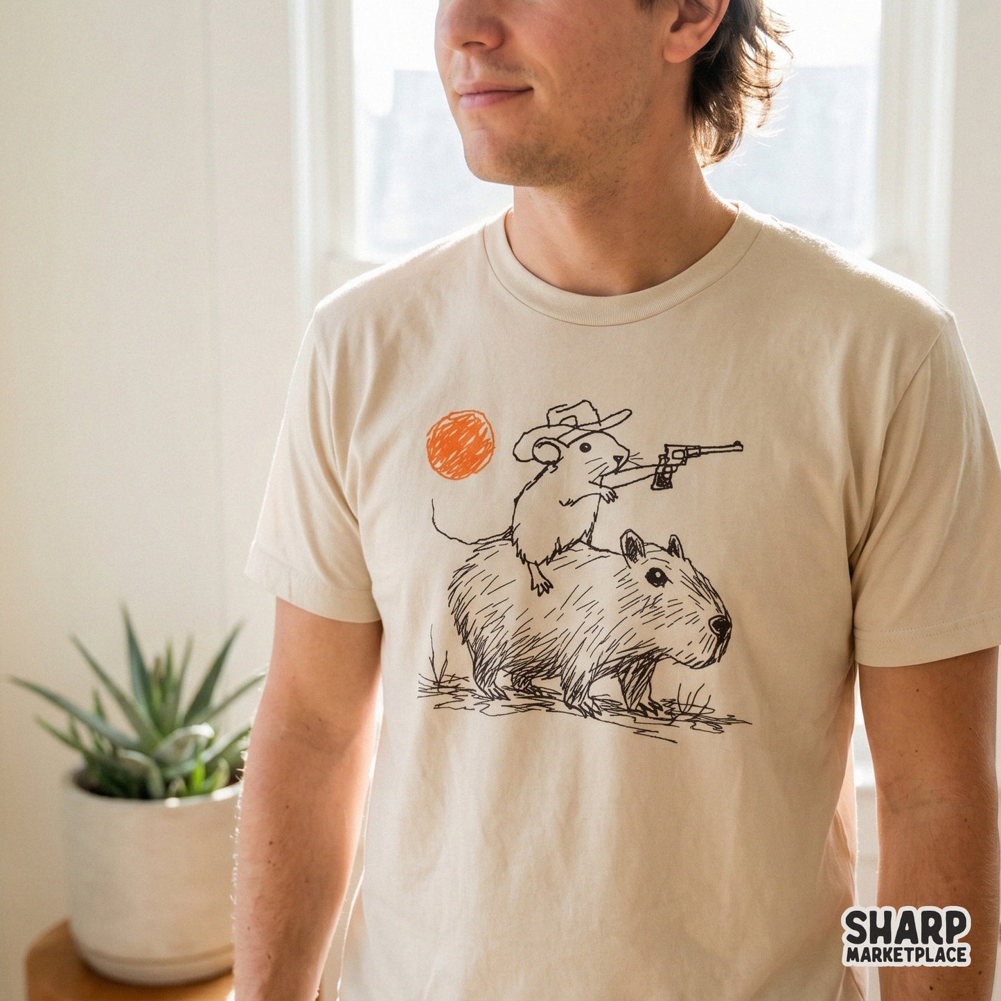 Funny animal meme graphic featuring a rodent outlaw on a capybara, ideal for creating custom western-themed tumblers, apparel, and DIY craft projects.