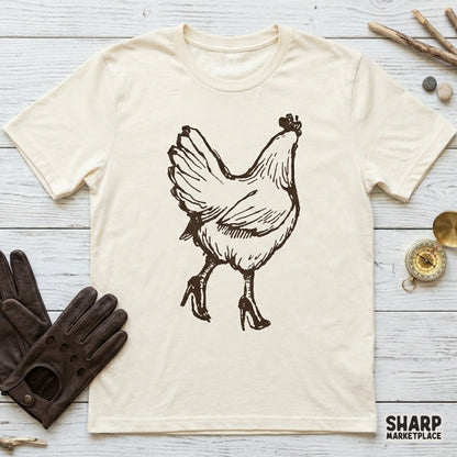 Trendy western-style hen sketch with high heels, ideal for creating unique country-themed stickers, tumblers, and rustic home decor wall art prints.