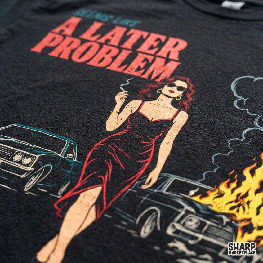 Sarcastic retro graphic with an unbothered woman by a car fire, perfect sarcastic PNG design for custom shirts