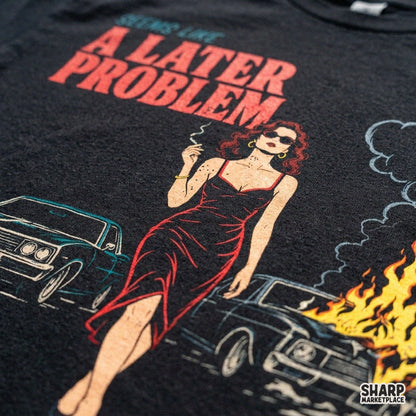 Sarcastic retro graphic with an unbothered woman by a car fire, perfect sarcastic PNG design for custom shirts