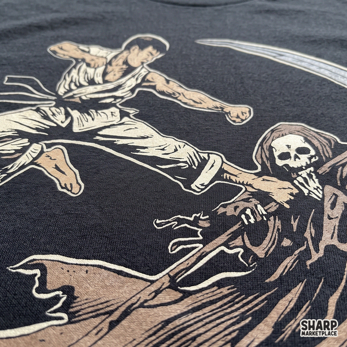 Funny retro karate kick to the grim reaper graphic PNG design perfect for spooky Halloween shirt prints