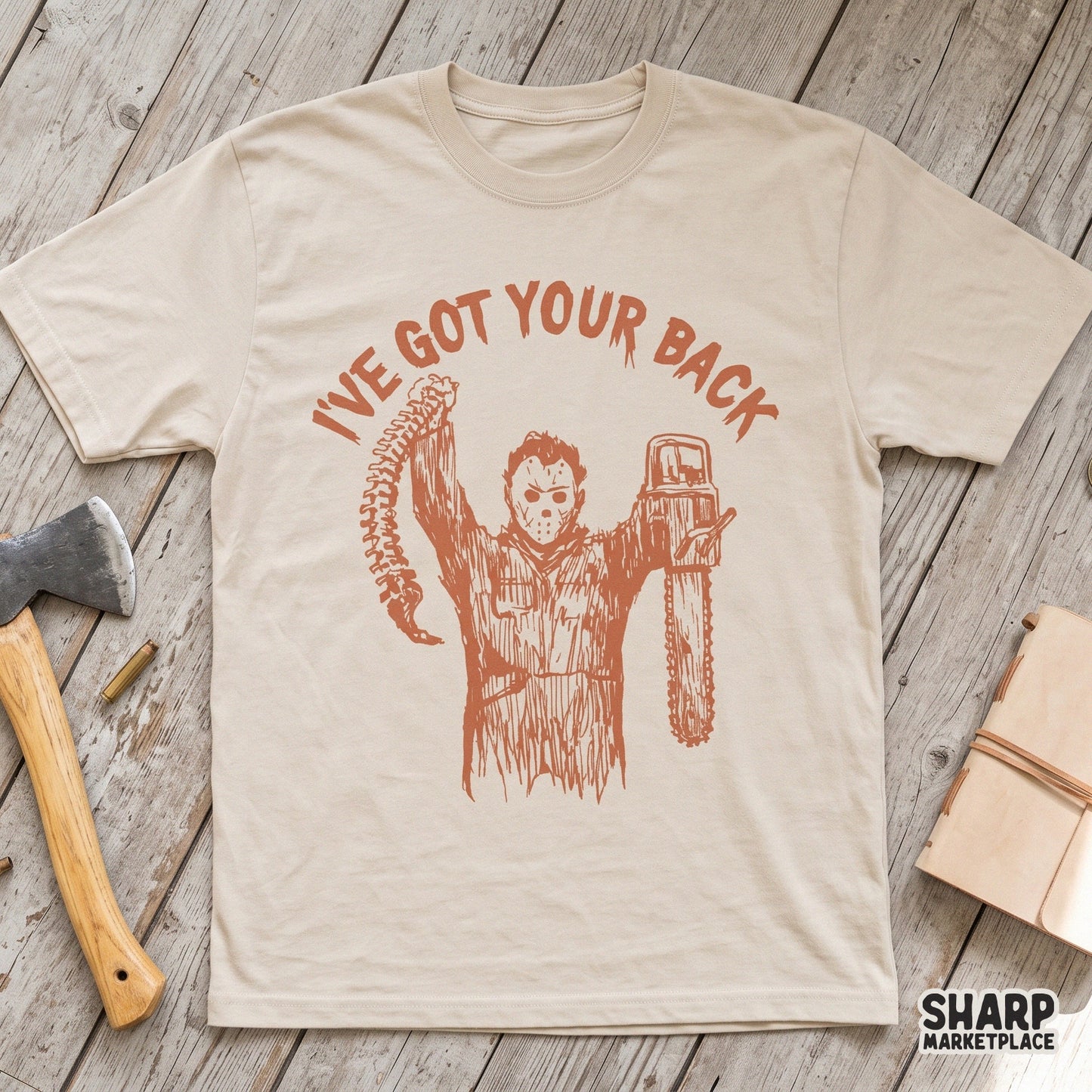 Funny slasher pun horror movie killer holding a spine for dark humor Halloween PNG shirts and spooky season designs