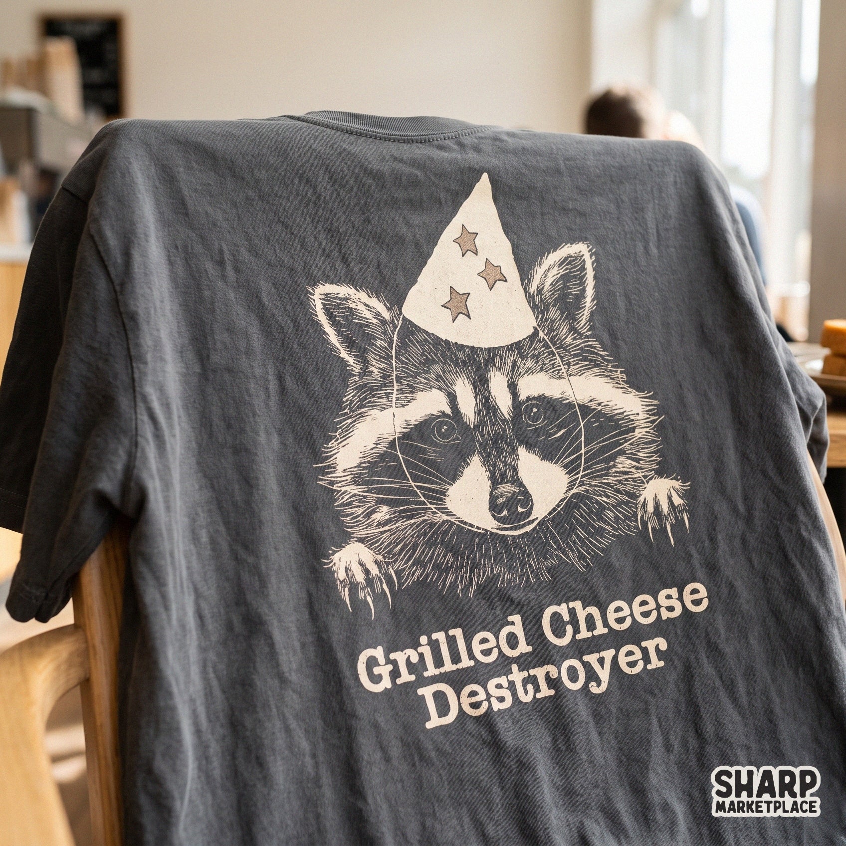 Sarcastic raccoon wearing a party hat for a grilled cheese destroyer meme, retro funny animal png for t-shirt sublimation