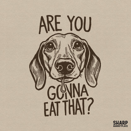 Funny dachshund shirt digital download png graphic for animal lovers featuring a hungry begging dog with a humorous quote