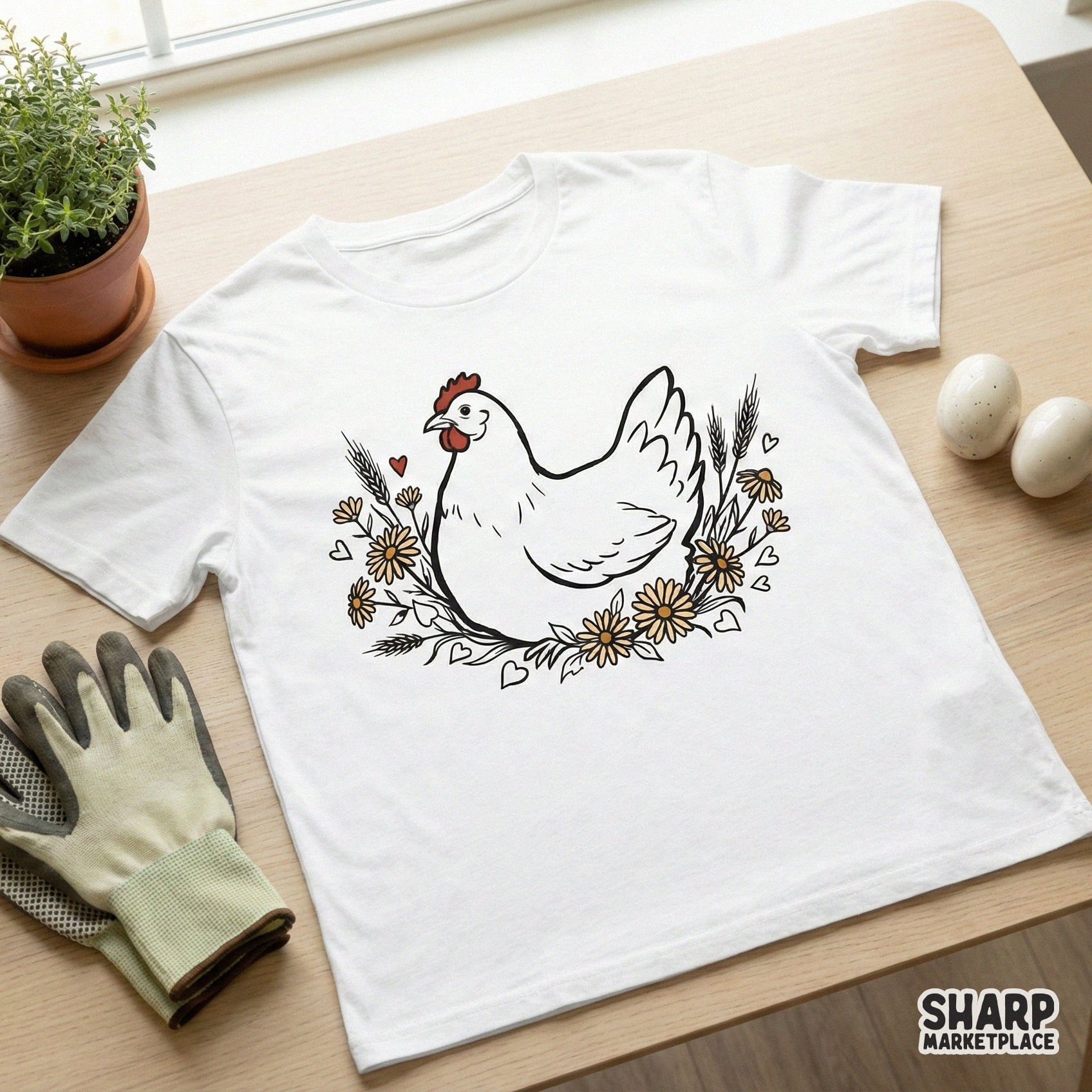 Boho farm chicken digital design with floral accents and hearts, perfect for sublimation printing on custom t-shirts, tumblers, or rustic home decor.