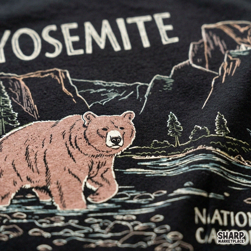 Vintage Yosemite National Park bear silhouette with scenic mountains and night sky PNG for t-shirts and outdoor apparel