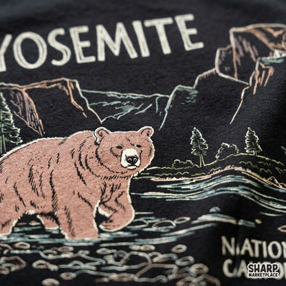 Vintage Yosemite National Park bear silhouette with scenic mountains and night sky PNG for t-shirts and outdoor apparel