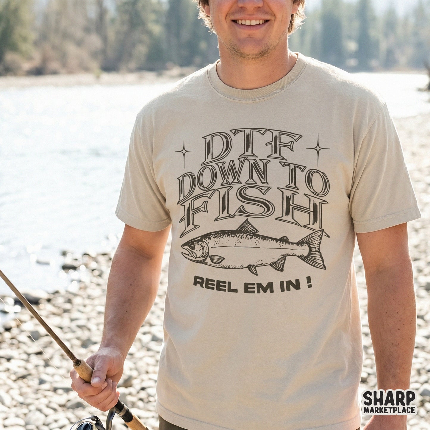 Funny retro DTF down to fish lake graphic for summer sublimation shirts and apparel