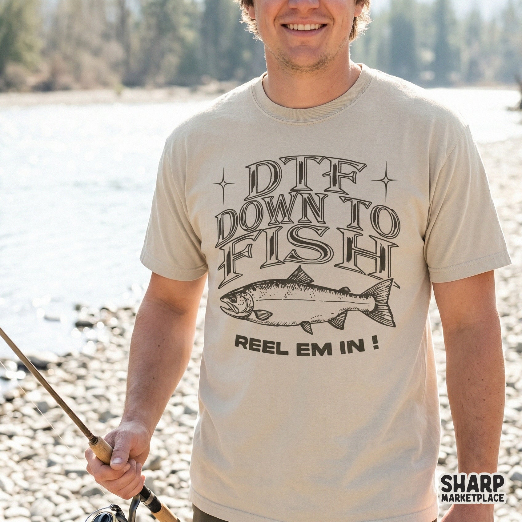 Funny retro DTF down to fish lake graphic for summer sublimation shirts and apparel
