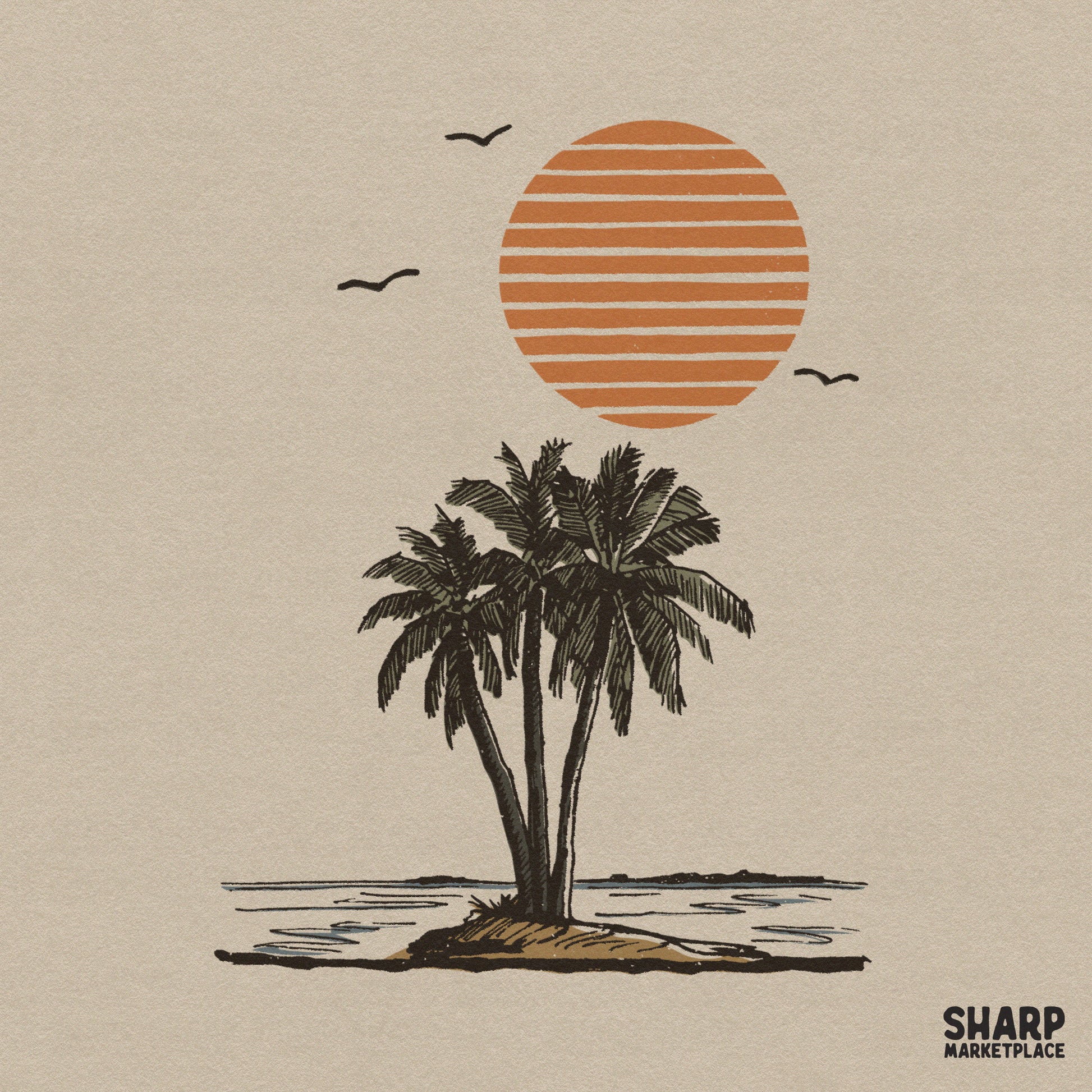 Retro beach sunset and palm trees island scene in a vintage style for summer sublimation and tropical apparel designs