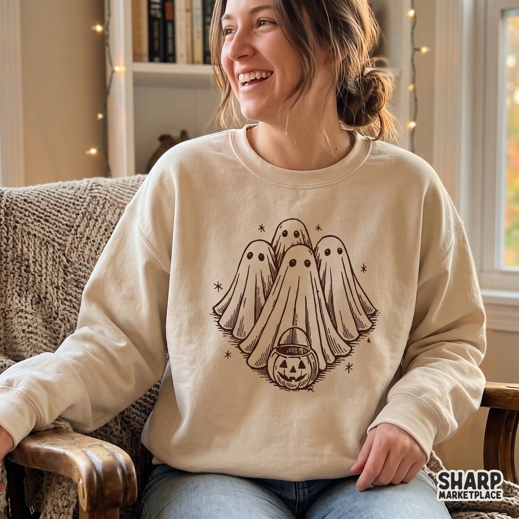 Cute sheet ghosts and jack o lantern drawing for retro spooky season sublimation and halloween apparel designs