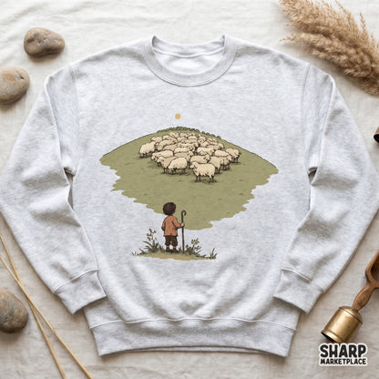 Serene religious scene with a shepherd and flock in muted sage and terracotta tones, designed for custom DIY gifts and inspirational apparel.