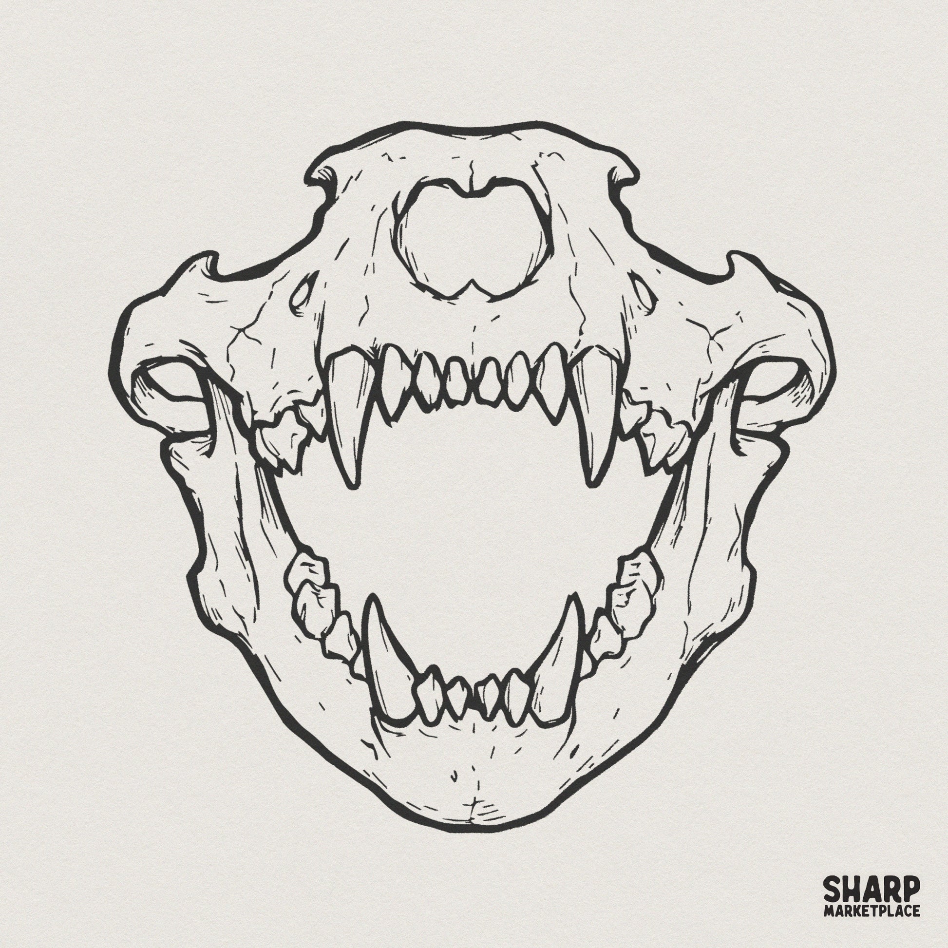 Hand-drawn black line art of a prehistoric saber-toothed tiger skull with jaws wide open, isolated on a light background for gothic designs.