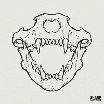 Hand-drawn black line art of a prehistoric saber-toothed tiger skull with jaws wide open, isolated on a light background for gothic designs.