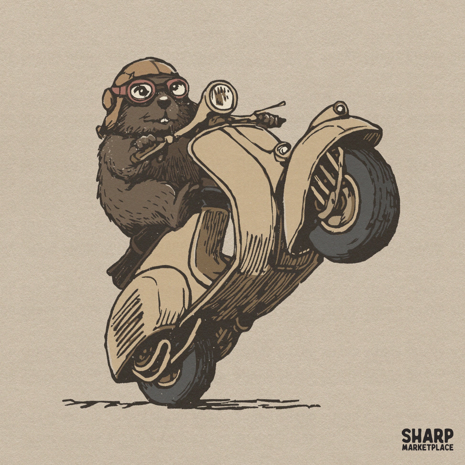 Funny beaver wearing aviator goggles riding a scooter wheelie retro groundhog biker PNG for sarcastic sublimation designs