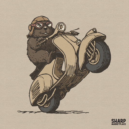 Funny beaver wearing aviator goggles riding a scooter wheelie retro groundhog biker PNG for sarcastic sublimation designs