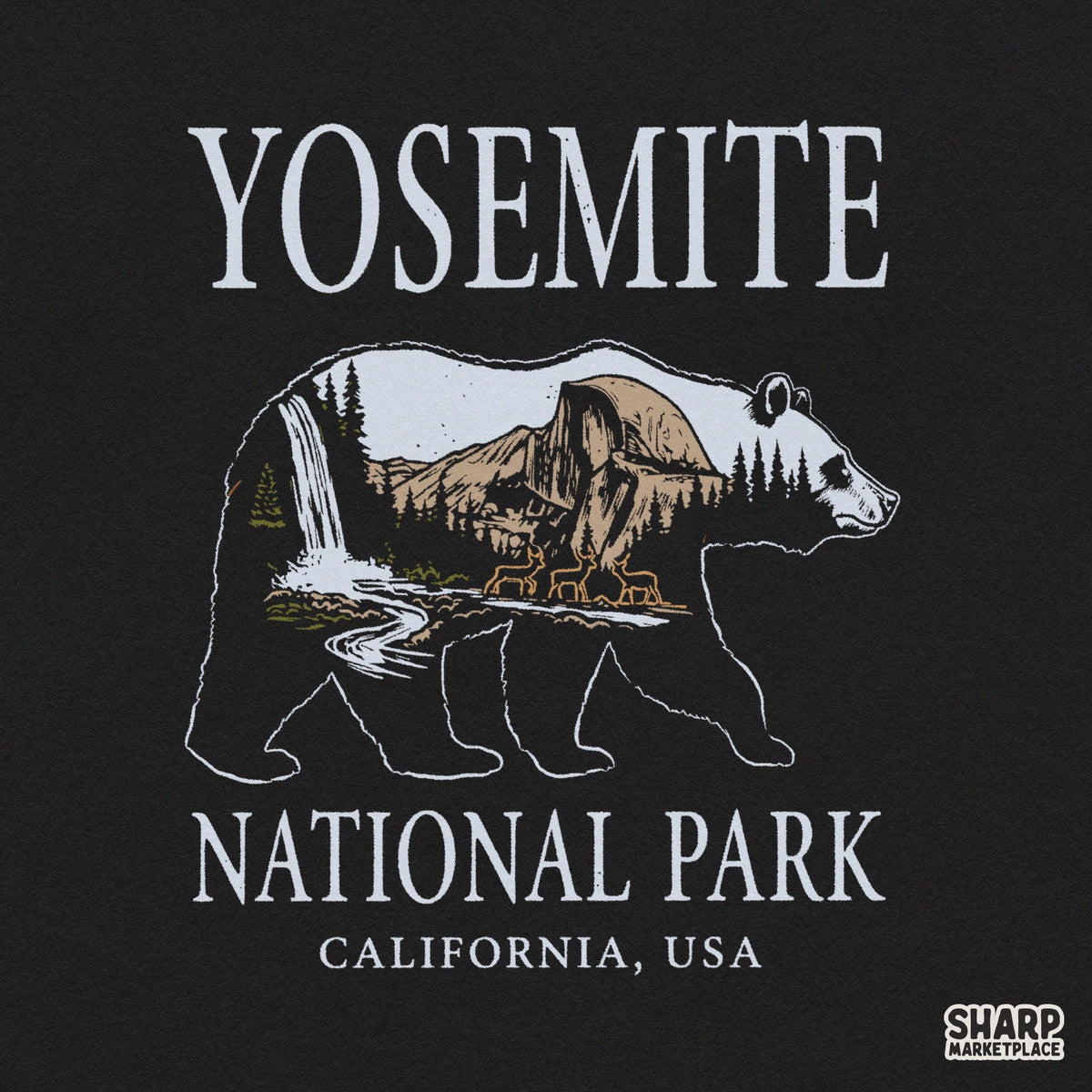 Retro Yosemite National Park bear silhouette PNG graphic with waterfall and mountains for nature lover sublimation