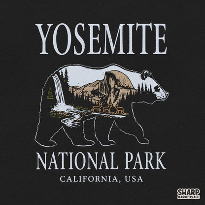 Retro Yosemite National Park bear silhouette PNG graphic with waterfall and mountains for nature lover sublimation