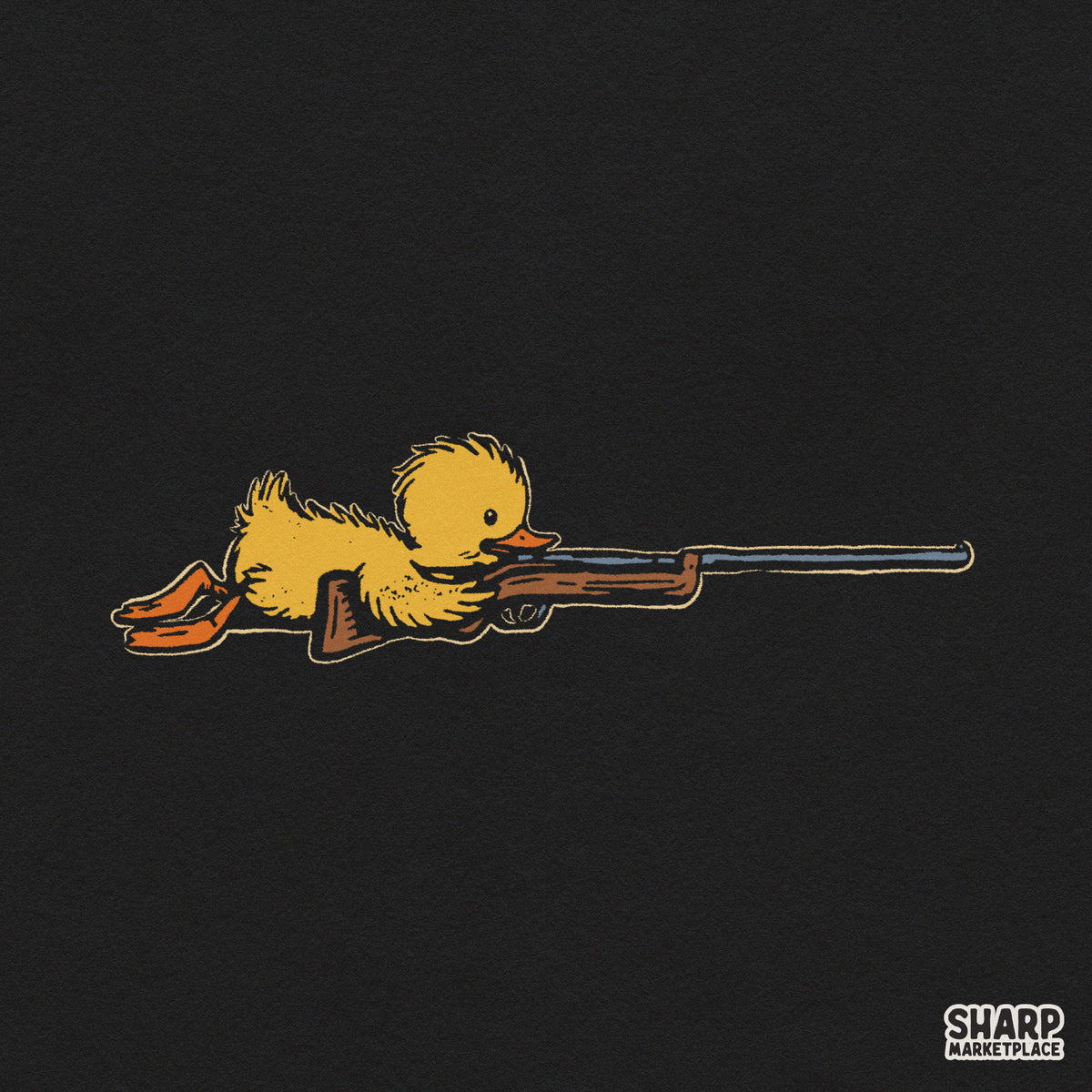 Funny sniper duckling aiming rifle in prone position digital hunting PNG graphic for sarcastic shirts and animal memes