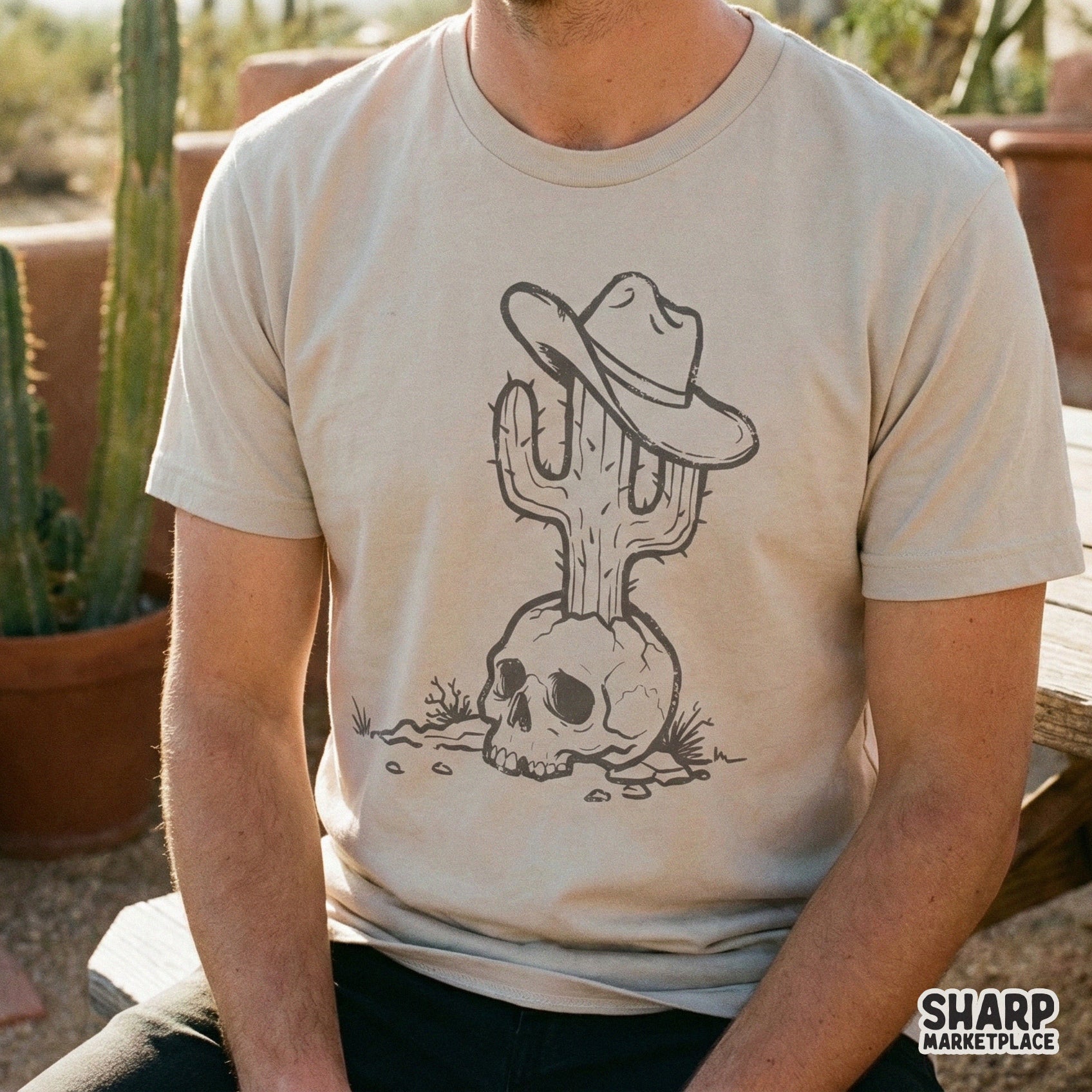 Monochromatic desert skull illustration with a cowboy hat and cactus, perfect for western-themed apparel, sublimation, and DIY craft projects.