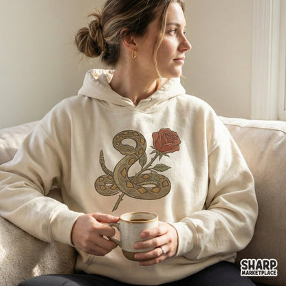 Rattlesnake and Rose PNG, Vintage Tattoo-Style Snake Flower Art - 300 DPI