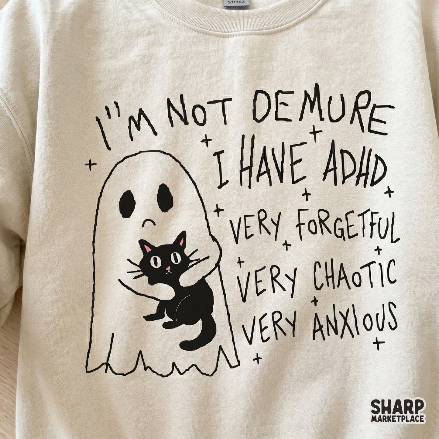 Whimsical ghost and black cat illustration with funny ADHD-themed text, perfect for sublimation, stickers, and trendy apparel projects.