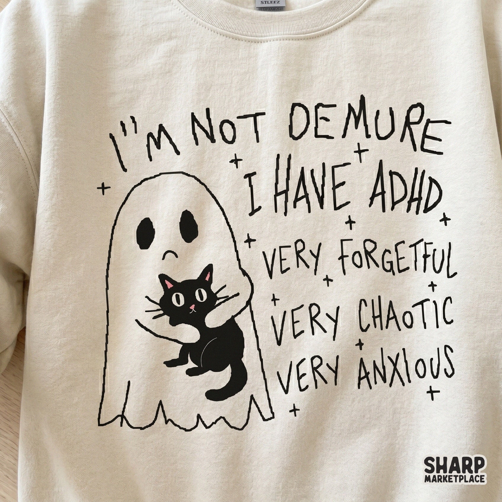 Whimsical ghost and black cat illustration with funny ADHD-themed text, perfect for sublimation, stickers, and trendy apparel projects.