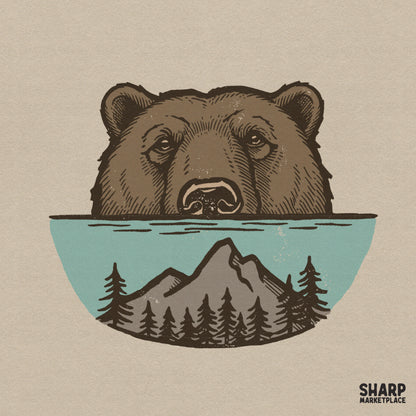 Majestic bear face over a mountain forest circle lake PNG graphic for nature lovers camping shirt sublimation