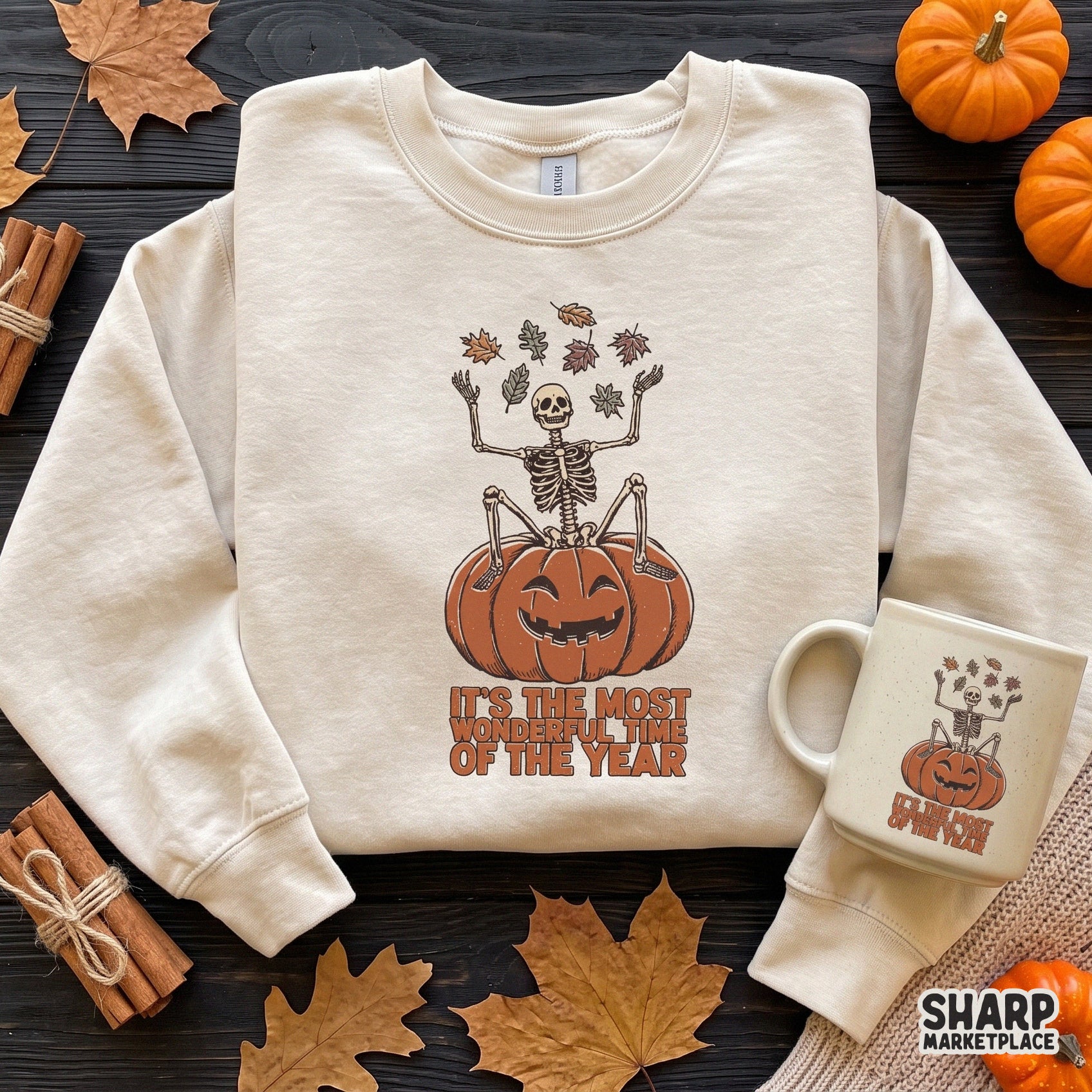 Retro skeleton inside a pumpkin with autumn leaves and spooky season typography for Halloween shirt sublimation designs