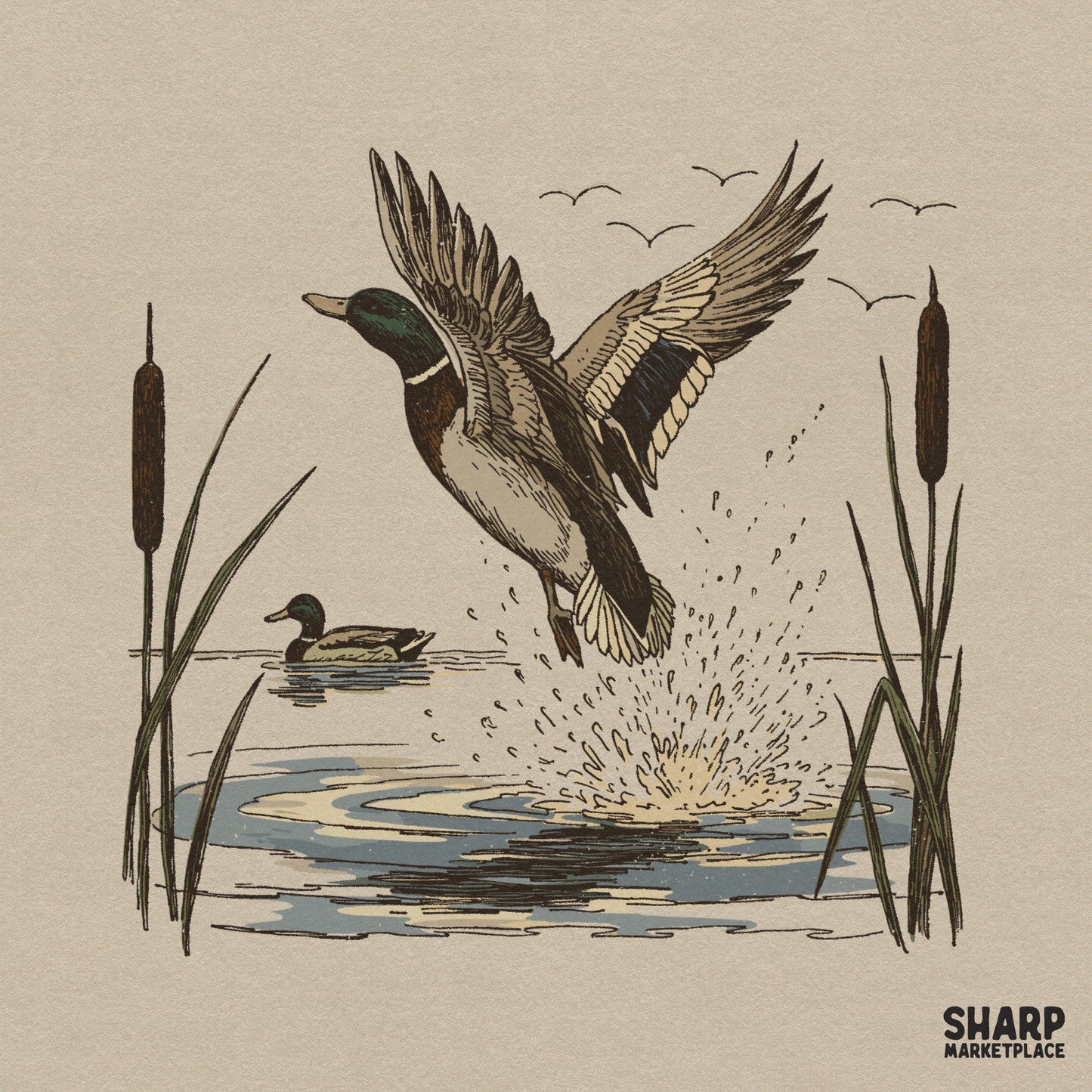 Mallard duck taking flight from a lake with cattails retro png sublimation design for fall outdoors hunting apparel