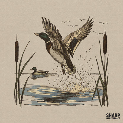 Mallard duck taking flight from a lake with cattails retro png sublimation design for fall outdoors hunting apparel
