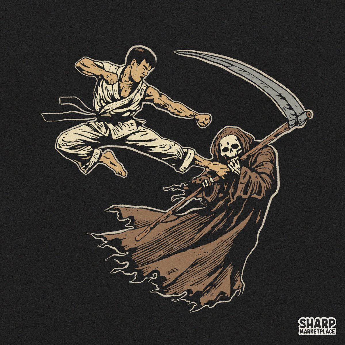 Funny retro karate kick to the Grim Reaper martial arts skeleton PNG graphic design for Halloween shirts and spooky apparel