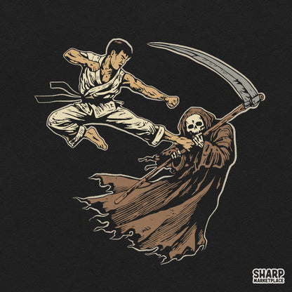 Funny retro karate kick to the Grim Reaper martial arts skeleton PNG graphic design for Halloween shirts and spooky apparel