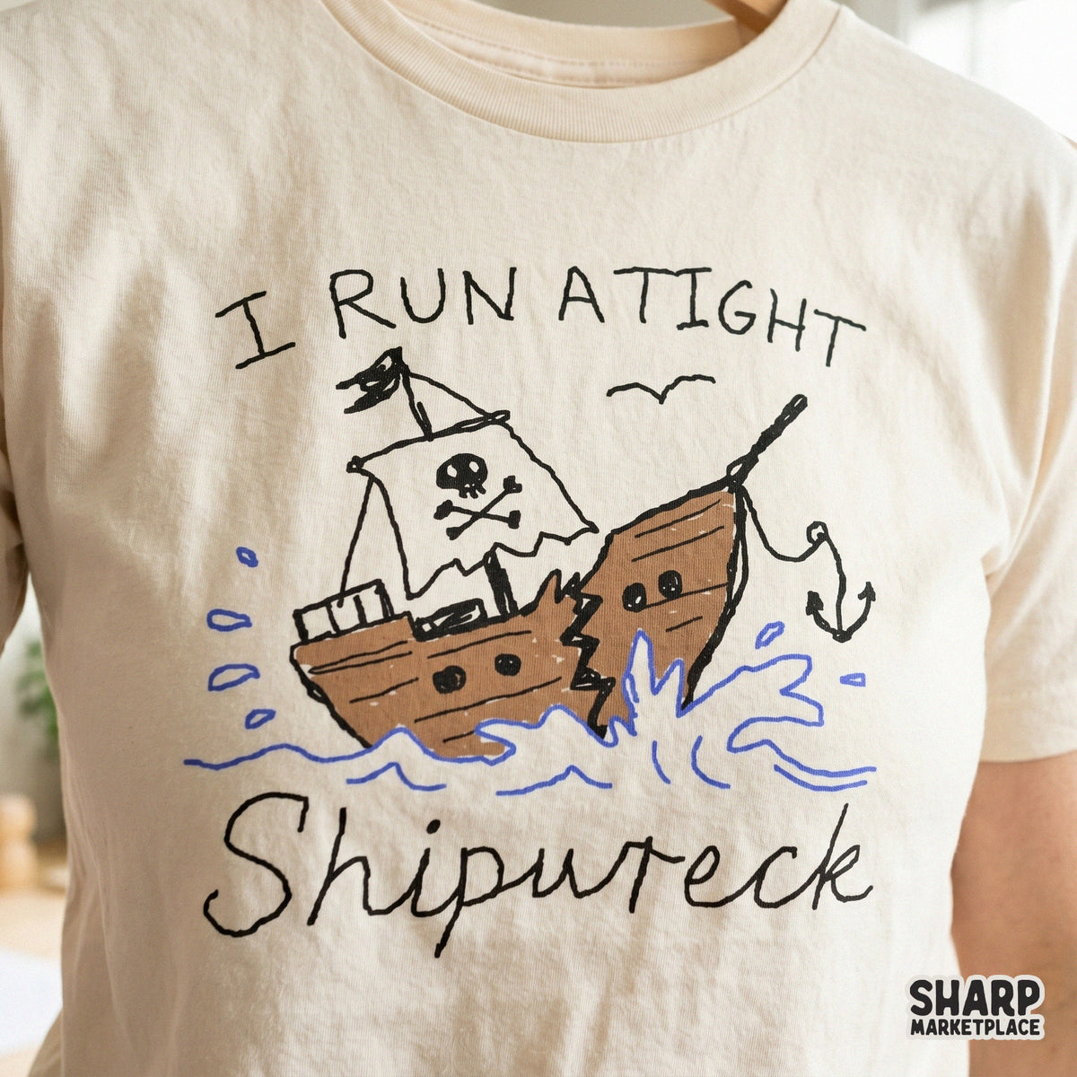 Retro-style digital illustration of a broken pirate ship with a skull sail and anchor, perfect for custom summer cruise shirts, stickers, or tumblers.