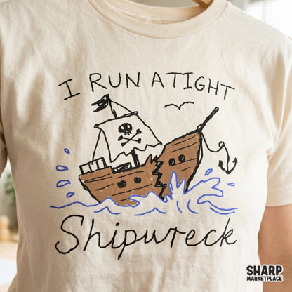 Retro-style digital illustration of a broken pirate ship with a skull sail and anchor, perfect for custom summer cruise shirts, stickers, or tumblers.
