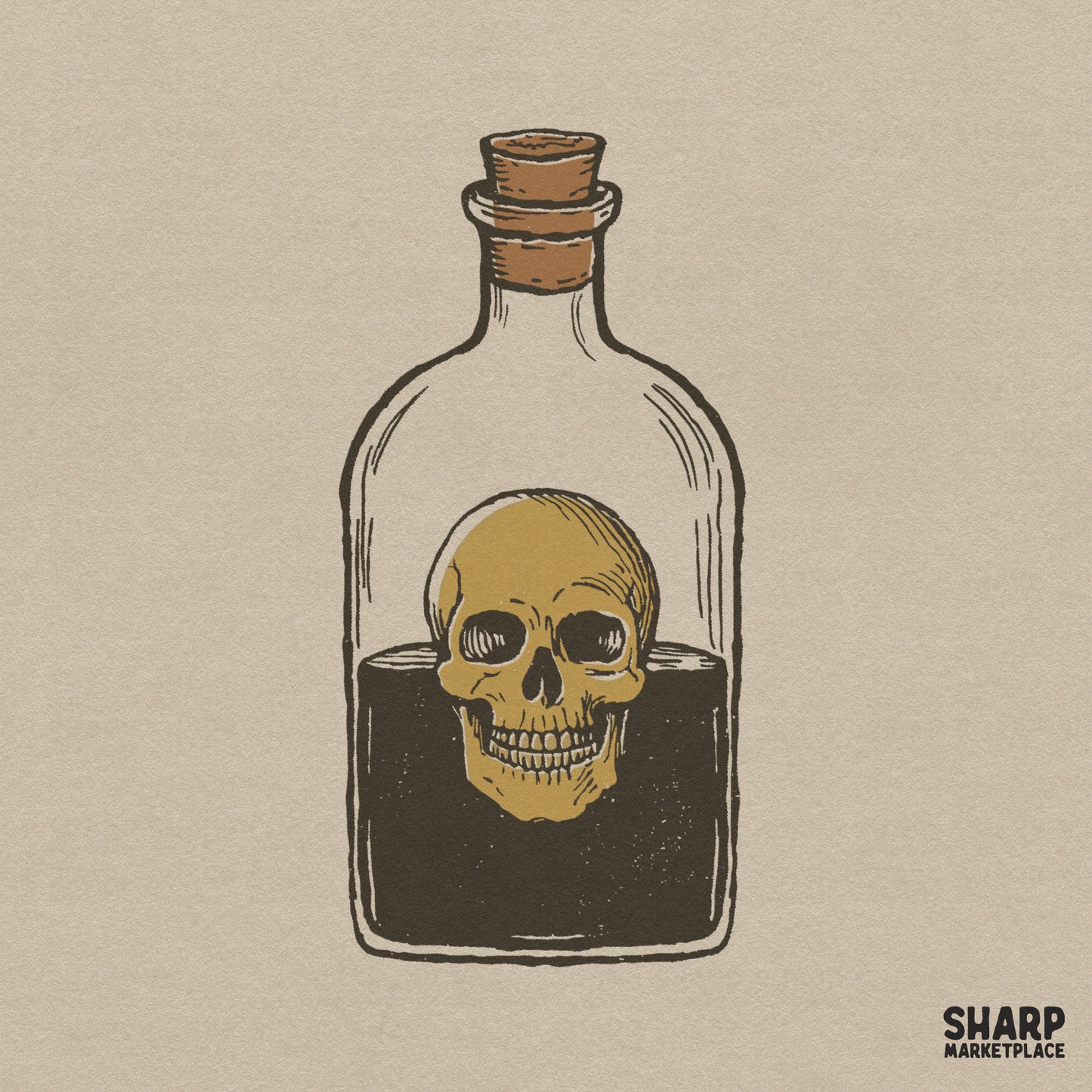 Retro skull poison potion bottle illustration for Halloween sublimation and spooky season shirt designs