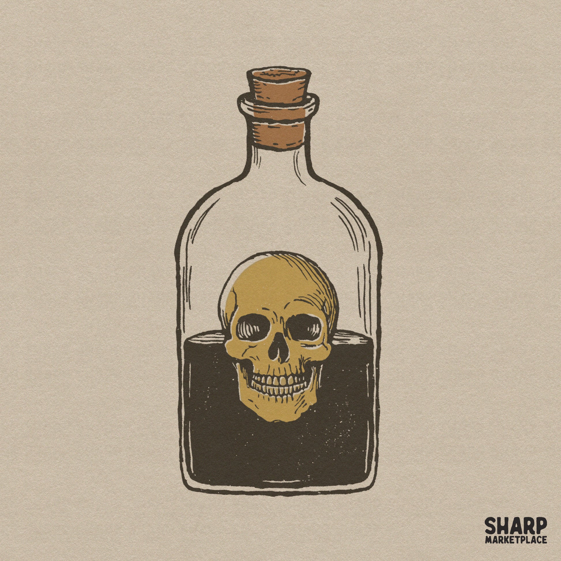 Retro skull poison potion bottle illustration for Halloween sublimation and spooky season shirt designs
