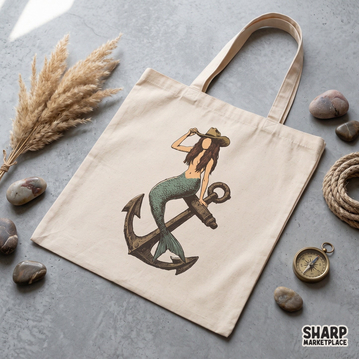 Vintage coastal cowgirl mermaid sitting on an anchor sublimation graphic for retro summer beach shirts