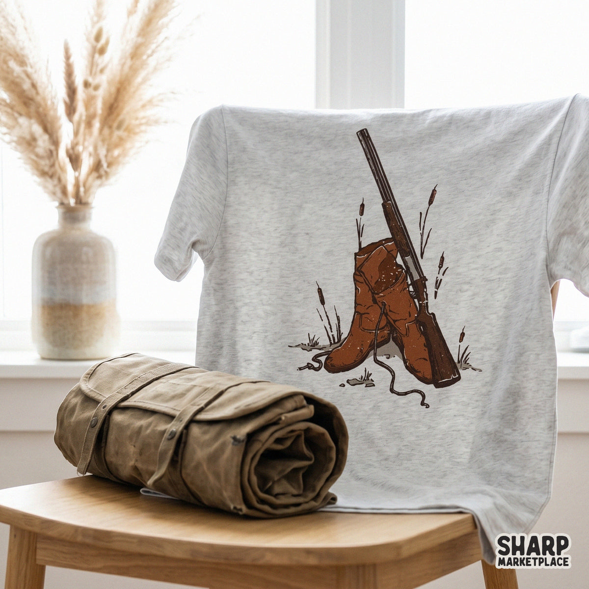 Retro style western hunting artwork with detailed linework of boots and a rifle, ideal for creating custom stickers, tumblers, or rustic wall art.