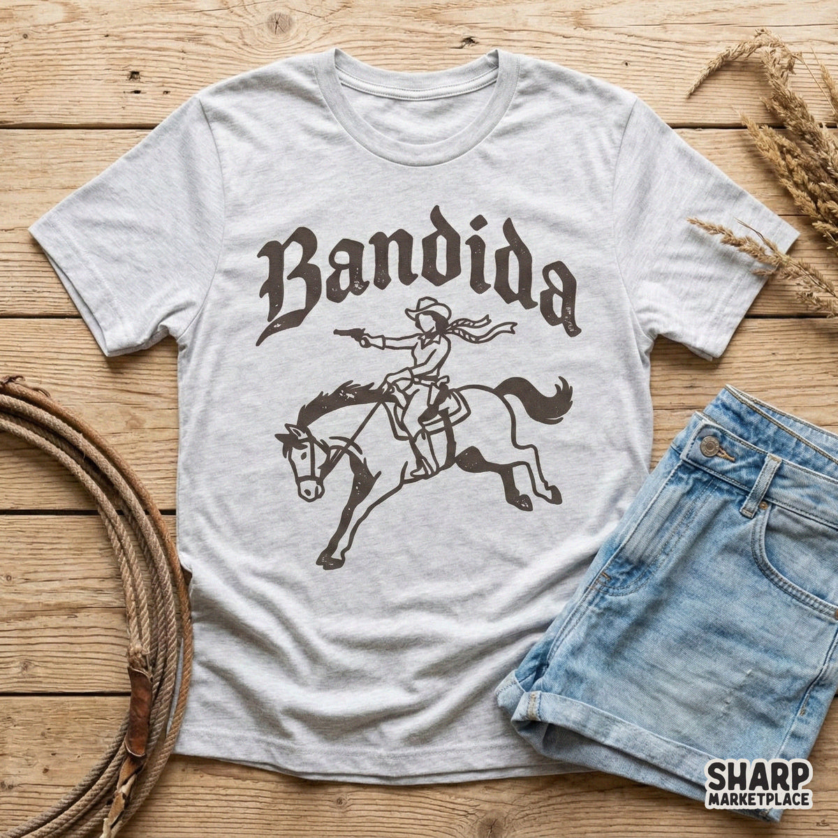 Retro western outlaw design with a cowgirl riding a horse, perfect for custom t-shirt sublimation, stickers, and rustic country-themed DIY projects.