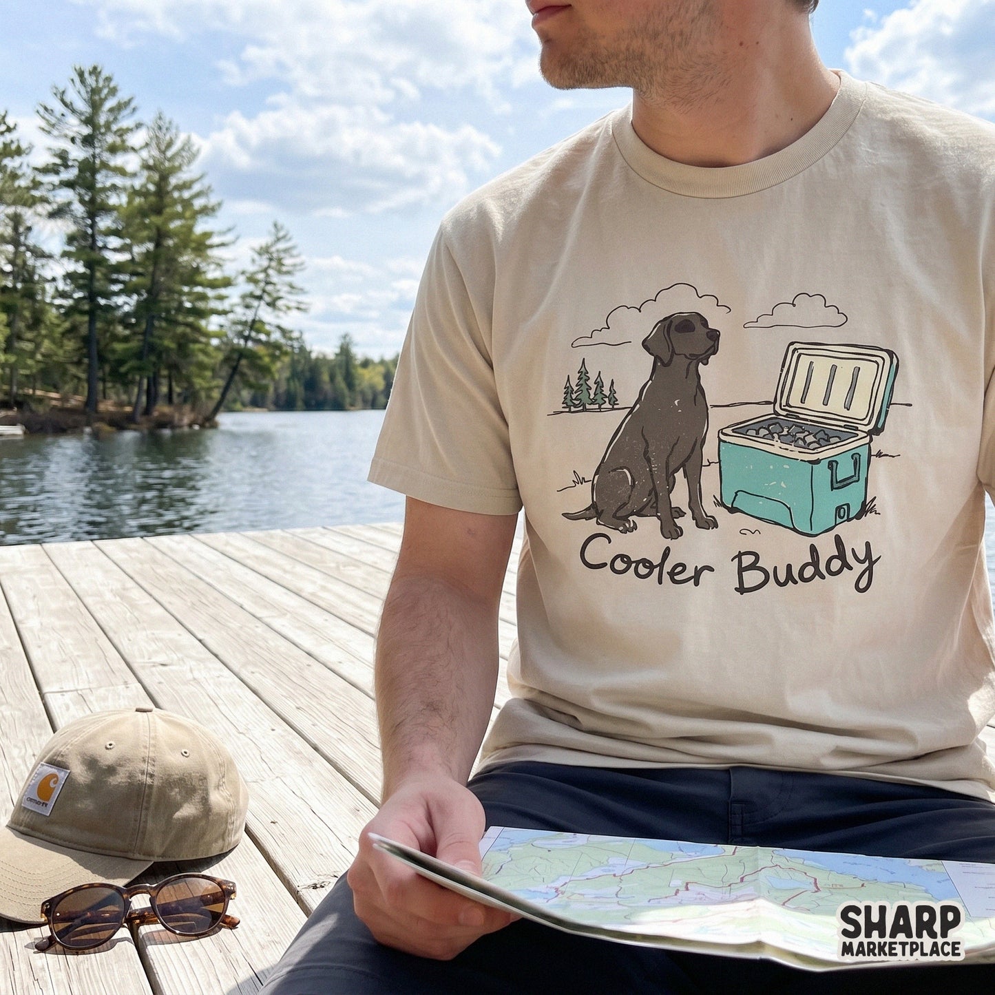 T-shirt design showing a chocolate Labrador and a teal cooler with the words Cooler Buddy, perfect for outdoor apparel, sublimation, or DIY crafts.
