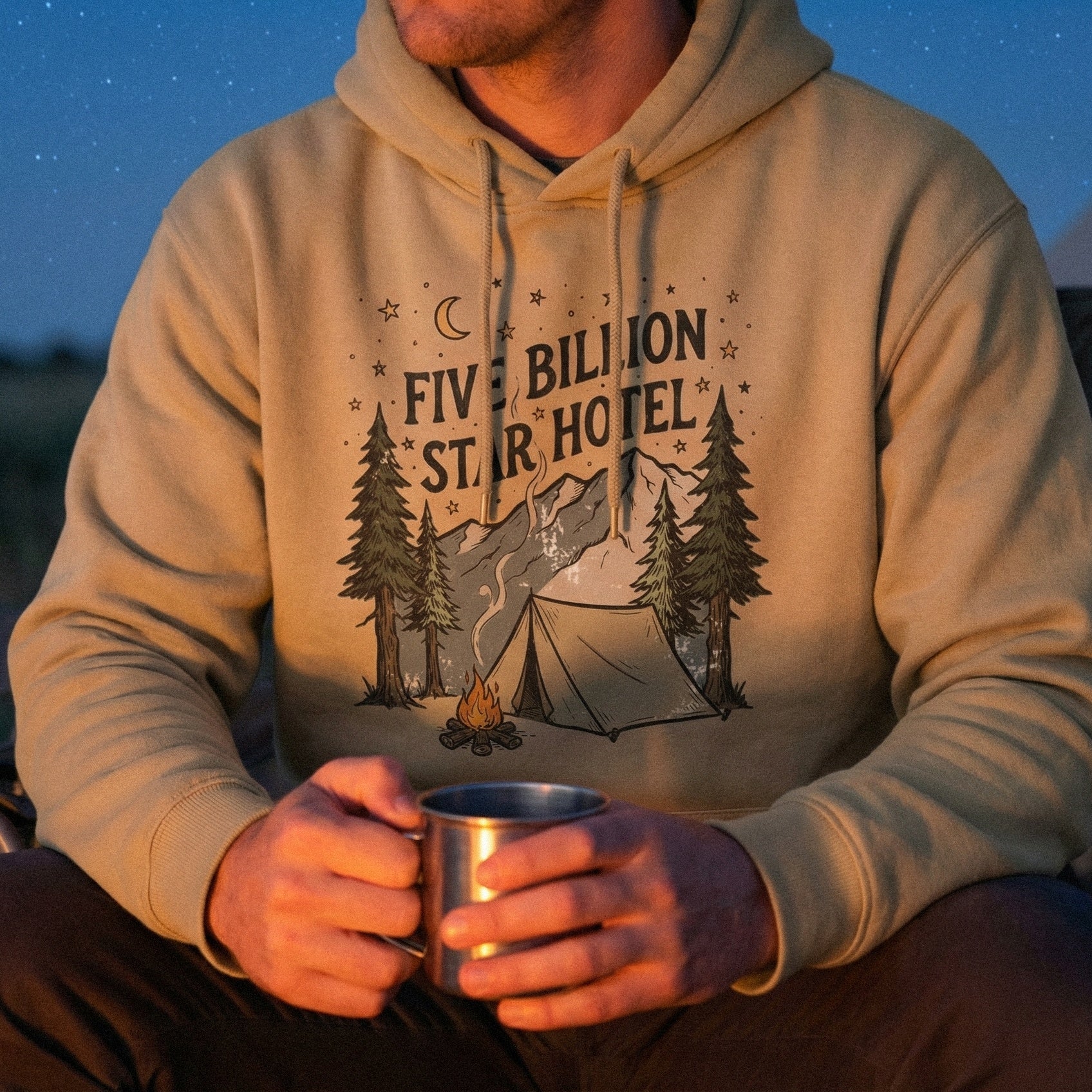 Hand-drawn wilderness adventure illustration with a cozy tent and campfire, ideal for creating custom camping shirts, mugs, and nature-inspired wall art.