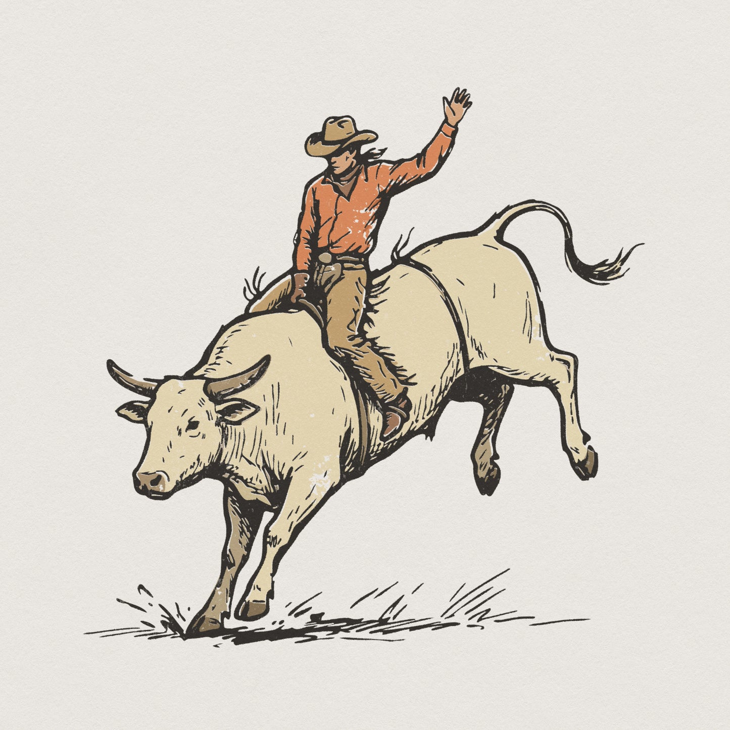 Vintage sketchbook style illustration of a cowboy riding a bucking bull, perfect for western-themed t-shirts, sublimation prints, and rustic apparel.